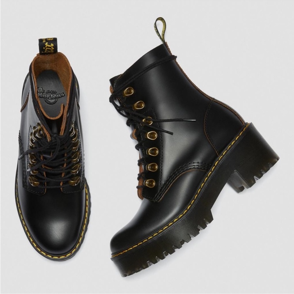 Dr. Martens Black Leather Lug Sole Lace-Up Boots with Brown Trim